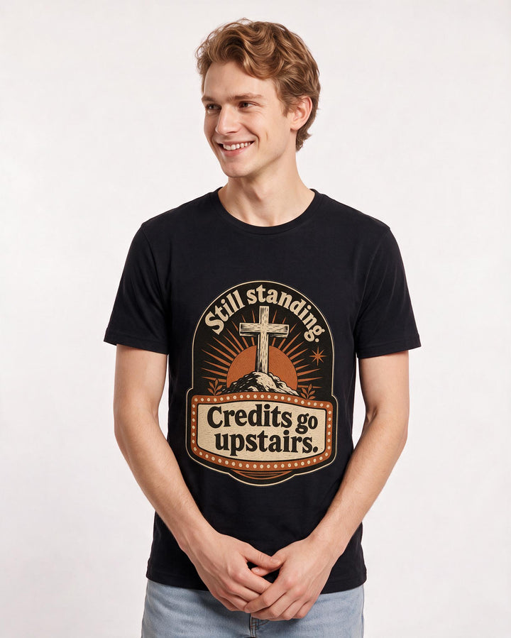 Graphic Men's Black T-Shirt - Still standing. Credits go upstairs. product image 3