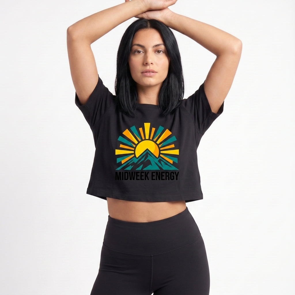Bold Rising Sun Over Stylized Mountain Crop Top mockup 2