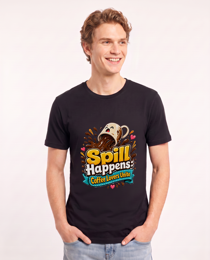 Spill Happens: Coffee Lovers Unite Men's Black T-Shirt product image 1