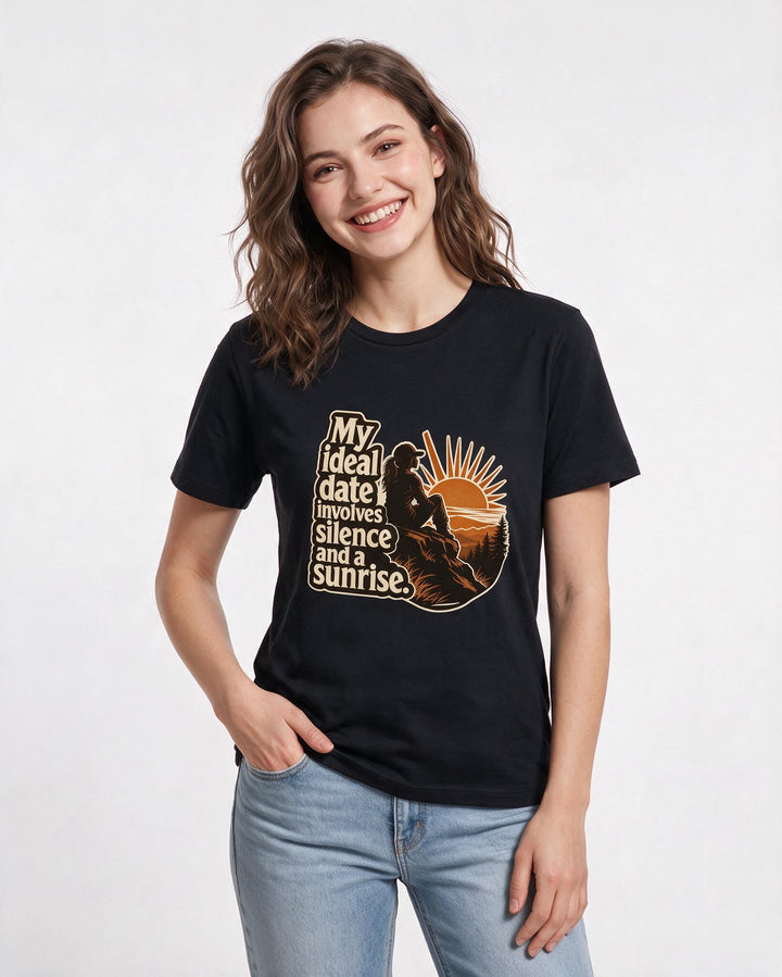 Hunting Women's Black T-Shirt – My ideal date involves silence and a sunrise. product image 3