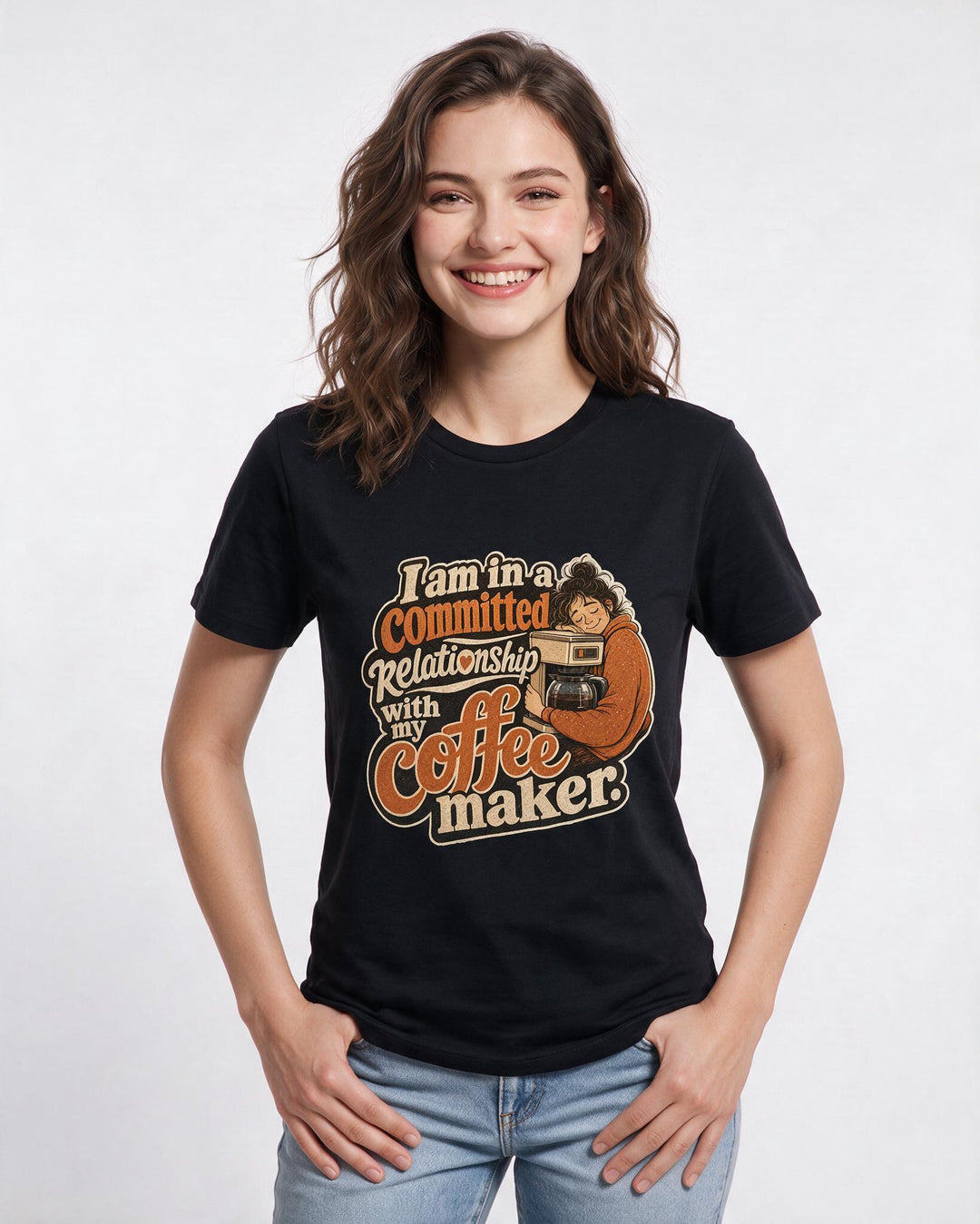 Family Women's Black T-Shirt – I am in a committed relationship with my coffee maker. product image 3