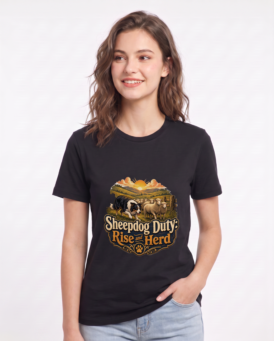 Sheepdog Duty: Rise and Herd Women's Black T-Shirt product image 1