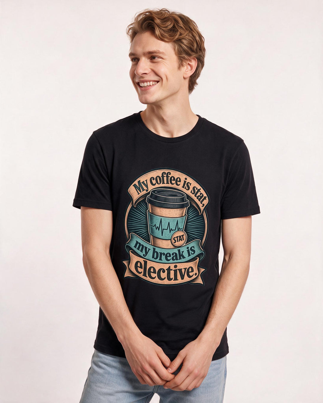 Funny Nurse Men's Black T-Shirt – My coffee is stat, my break is elective. product image 3