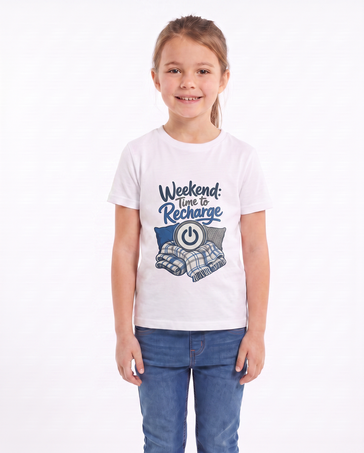 Weekend: Time To Recharge White T-Shirt mockup 3