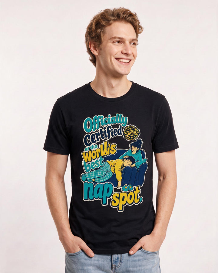 Funny Couples Men's Black T-Shirt – Officially certified as the world's best nap spot. product image 3