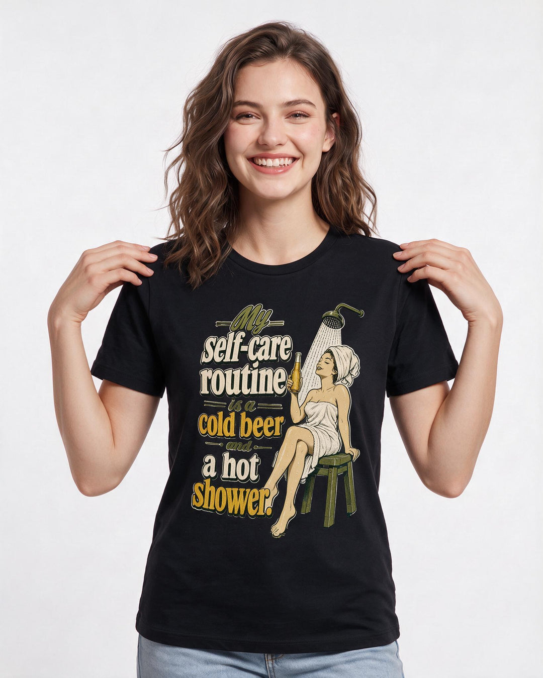 Beer Women's Black T-Shirt – My self-care routine is a cold beer and a hot shower product image 3