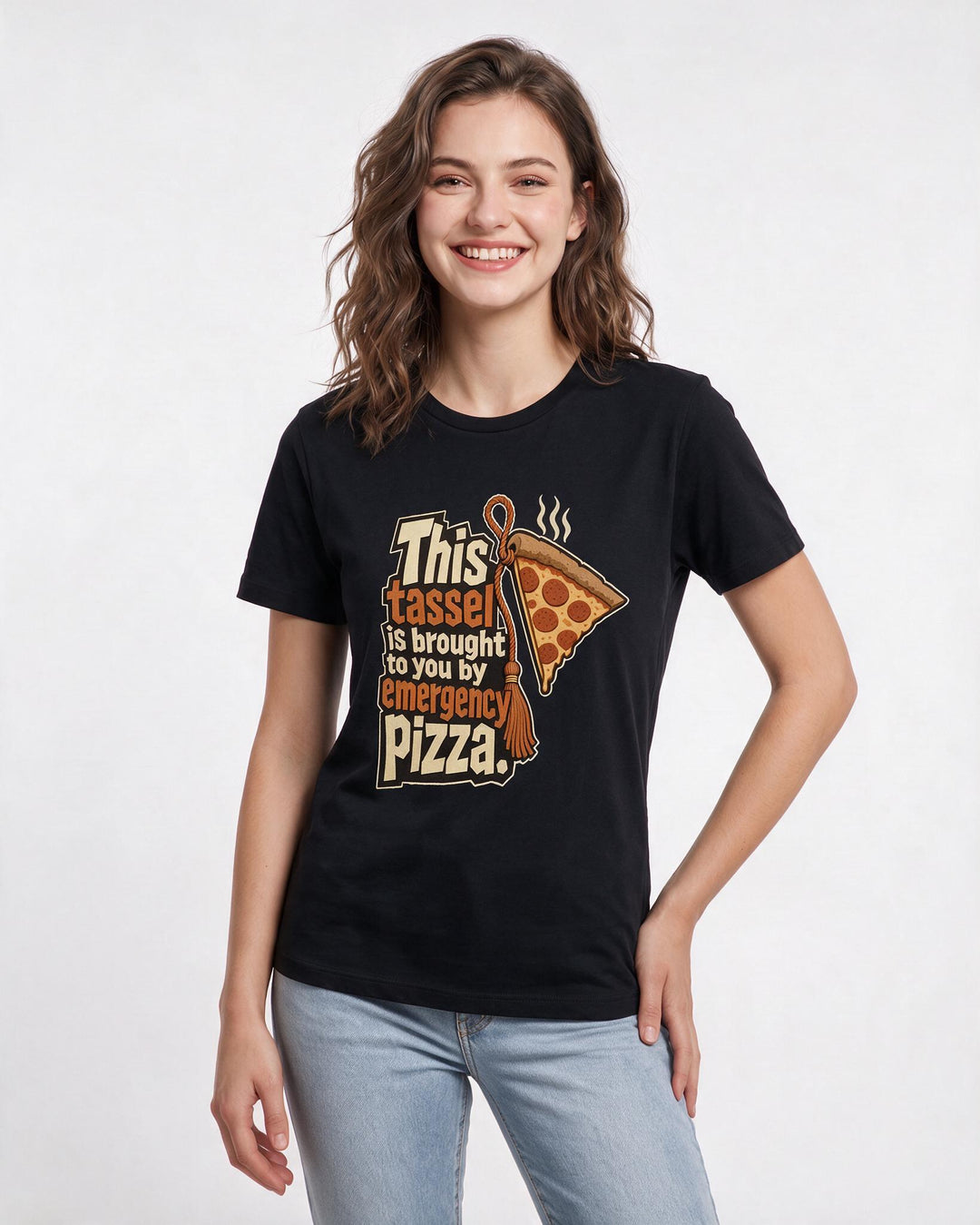 Funny Graduation Women's Black T-Shirt – This tassel is brought to you by emergency pizza product image 3