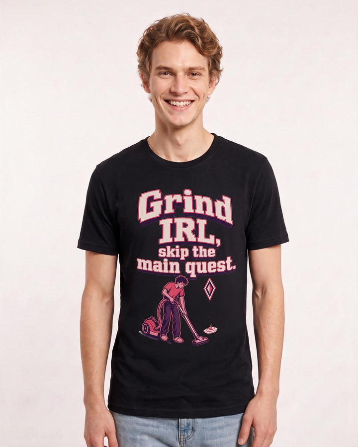Gaming Men's Black T-Shirt – Grind IRL, skip the main quest. product image 3