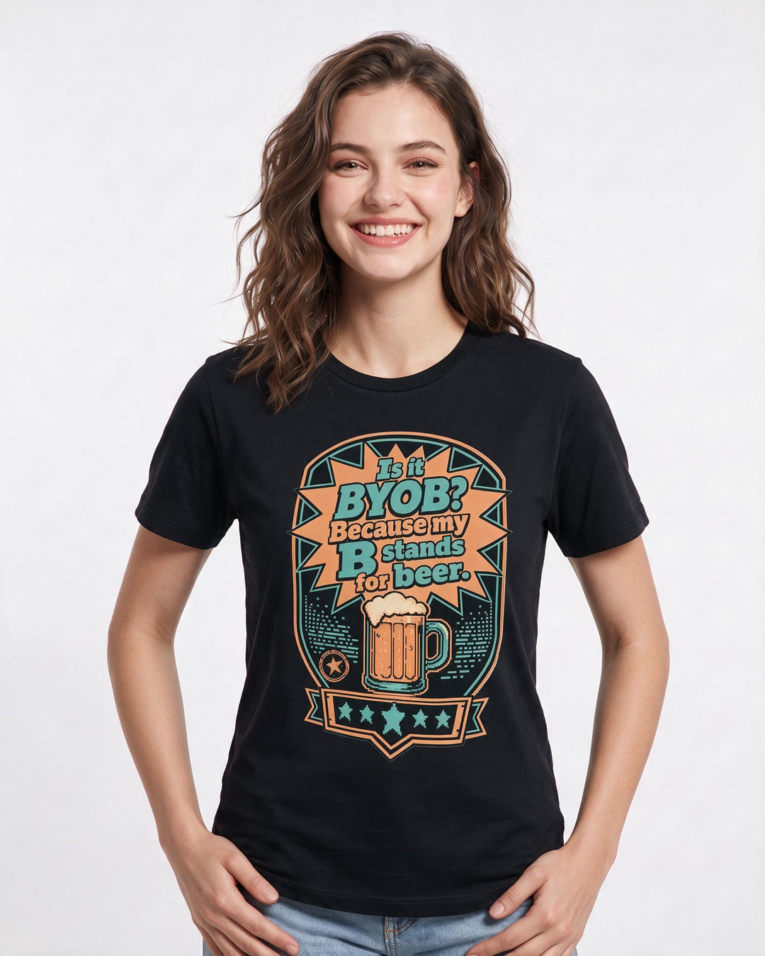 Funny Beer Women's Black T-Shirt - Is it BYOB? Because my B stands for product image 3