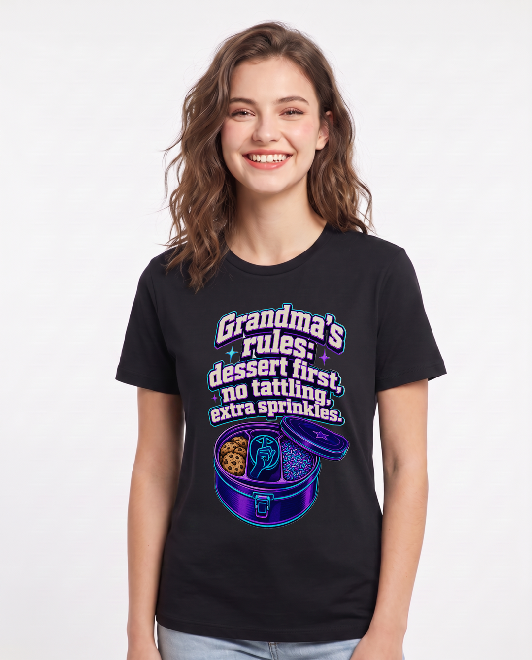 Grandparent Women's Black T-Shirt – Grandma's rules: dessert first, no tattling, extra sprinkles. product image 1