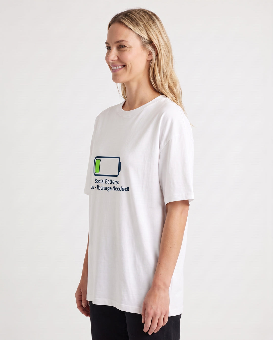 Social Battery: Low Recharge Needed! White T-Shirt mockup 2