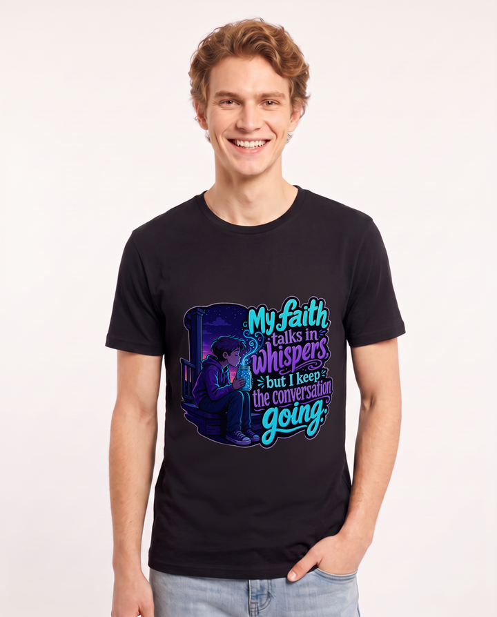 Christian Faith Men's Black T-Shirt – "My faith talks in whispers, but I keep the conversation going." product image 1