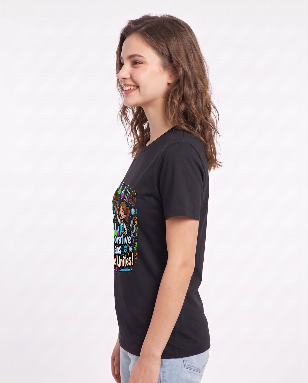 Collaborative Chaos: Science Unites! Women's Black T-Shirt product image 3