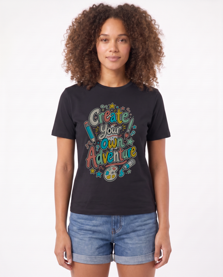 Create Your Own Adventure Black T-Shirt mockup 1