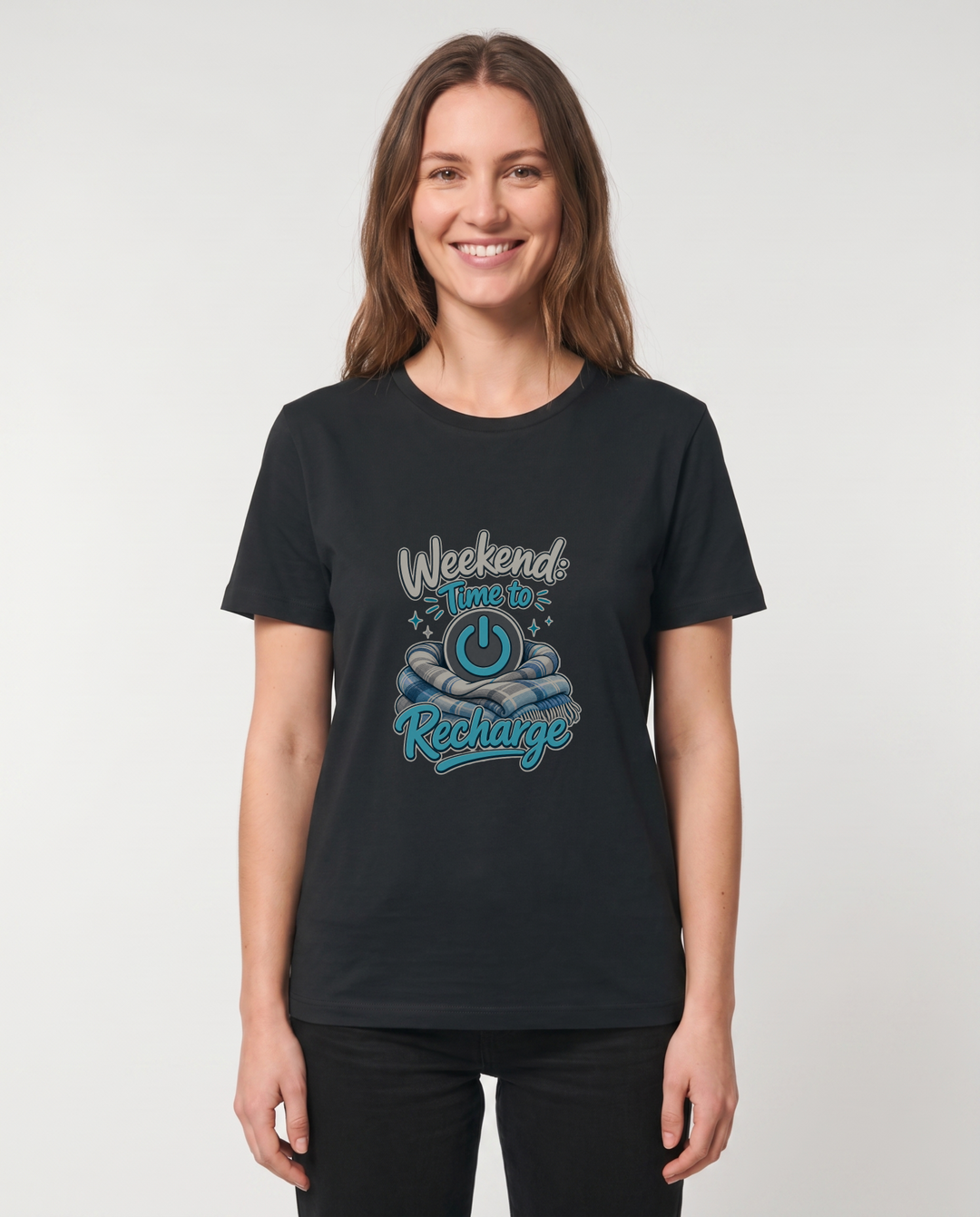 Weekend: Time To Recharge Black T-Shirt mockup 1