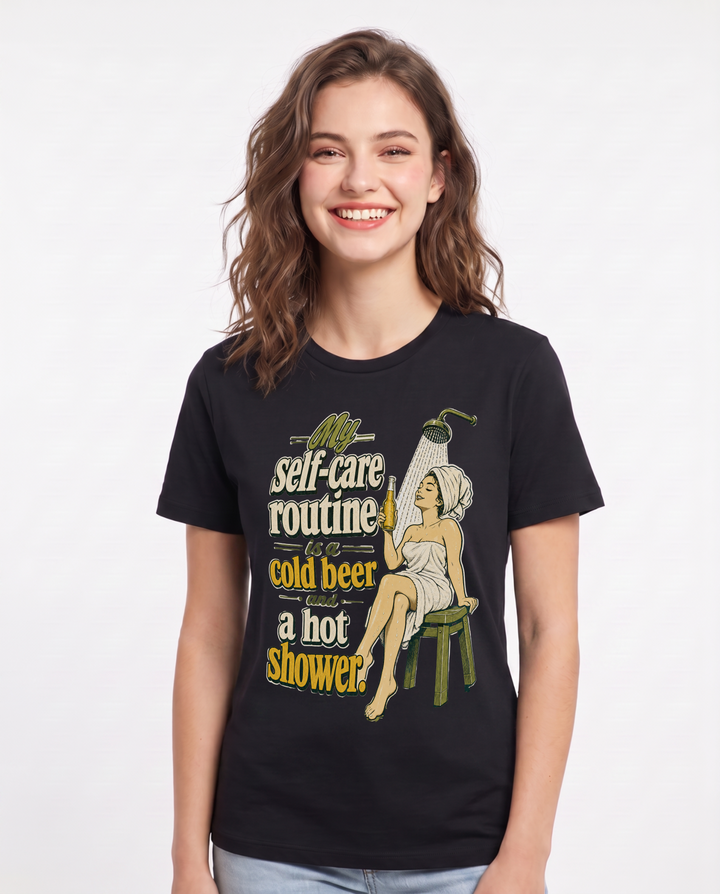 Beer Women's Black T-Shirt – My self-care routine is a cold beer and a hot shower product image 1