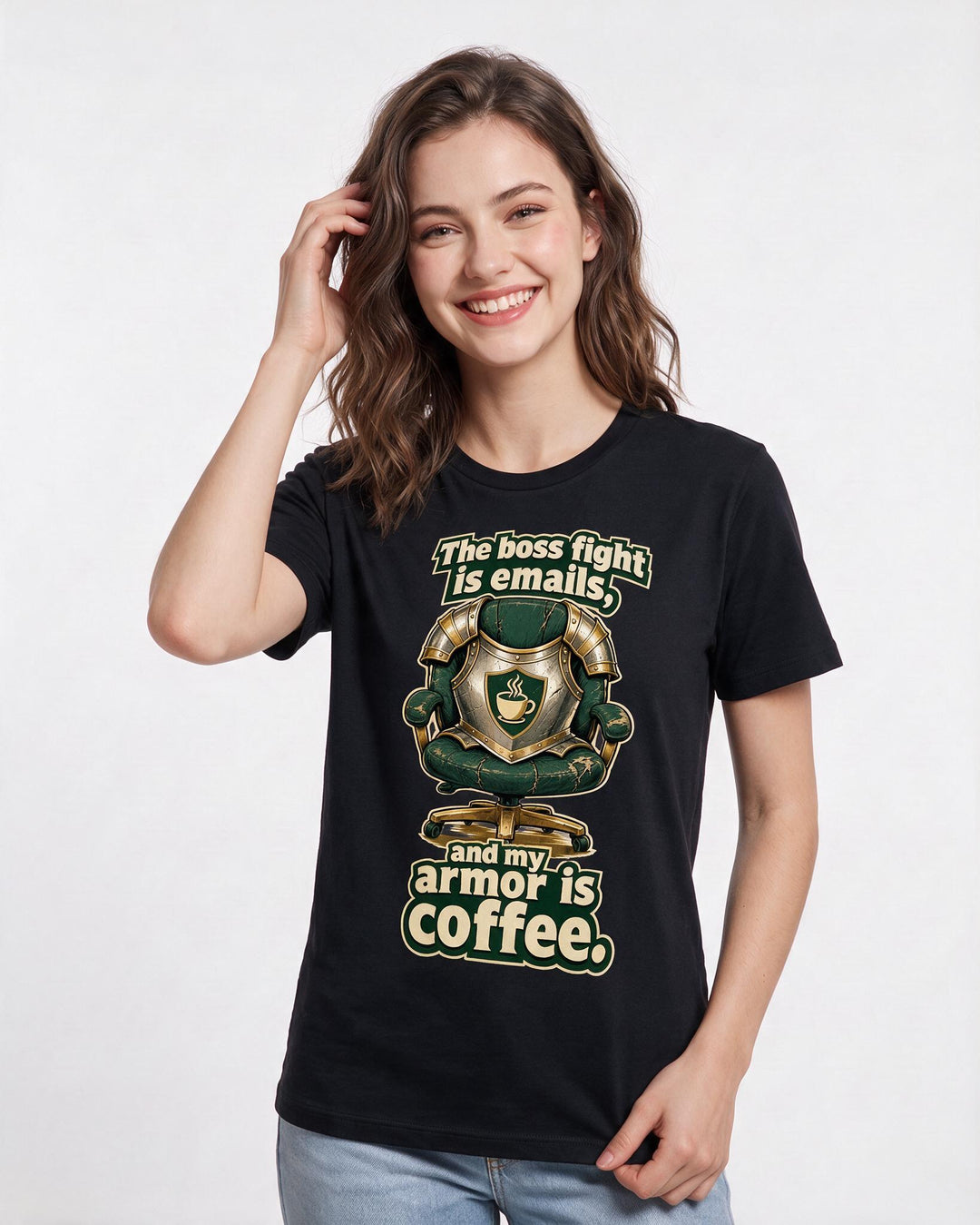 Funny Gaming Women's Black T-Shirt – The boss fight is emails, and my armor product image 3