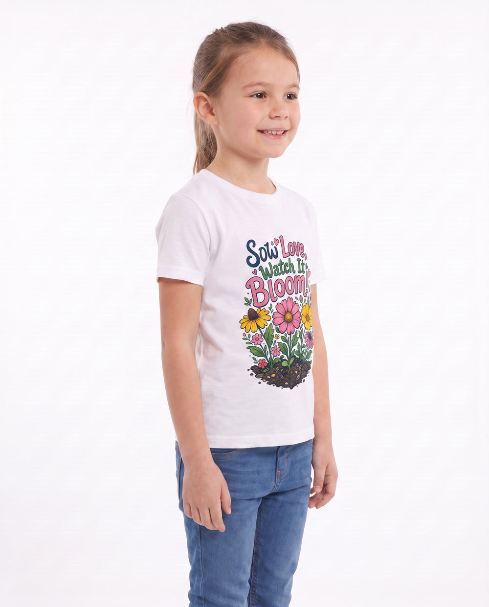 Sow Love, Watch It Bloom! White T-Shirt mockup 2