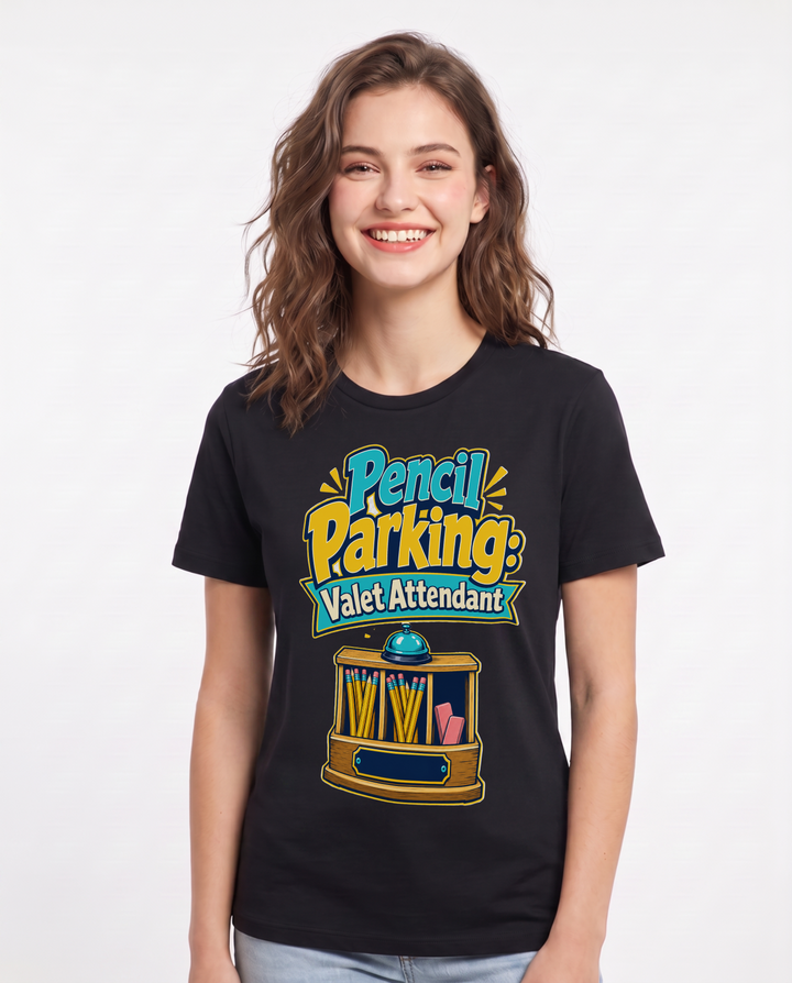 Funny Teacher Women's Black T-Shirt – Pencil Parking: Valet Attendant product image 1