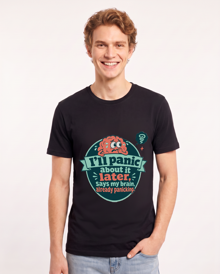 Graphic Men's Black T-Shirt - I'll panic about it later, says my product image 1
