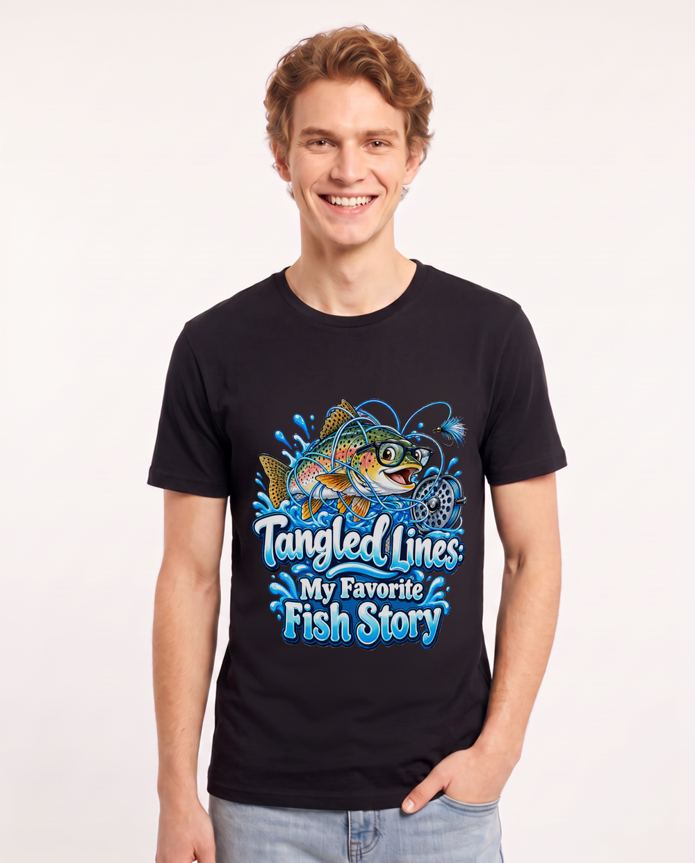 Tangled Lines: My Favorite Fish Story Men's Black T-Shirt product image 2