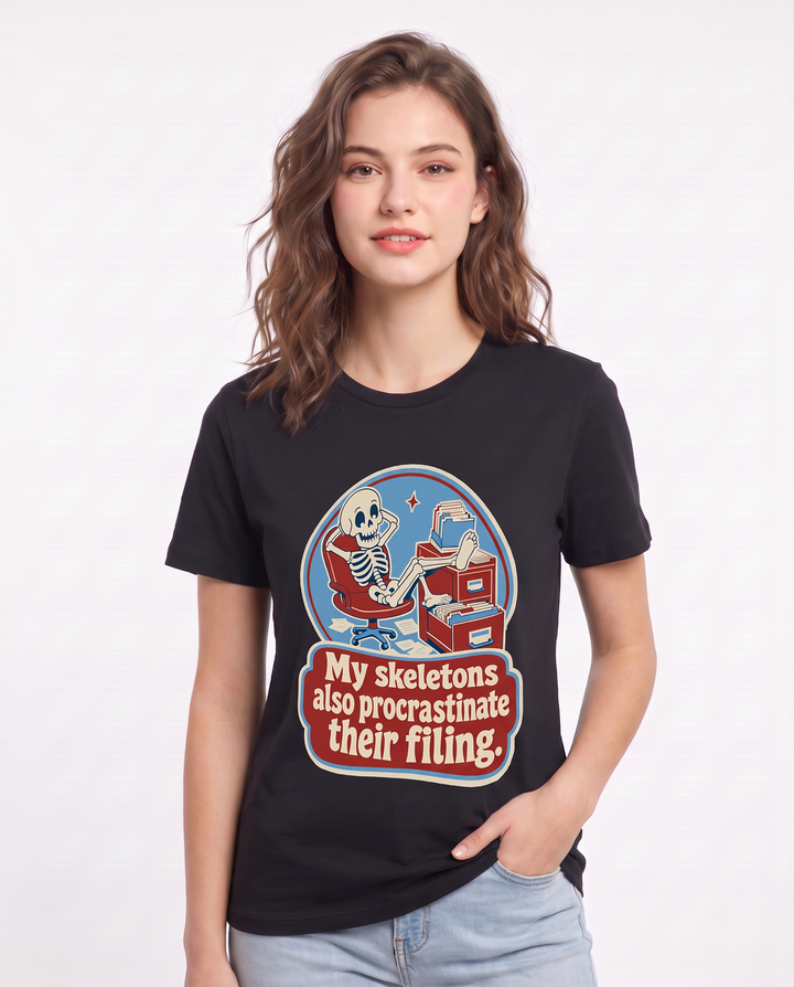Halloween Women's Black T-Shirt - My skeletons also procrastinate product image 3