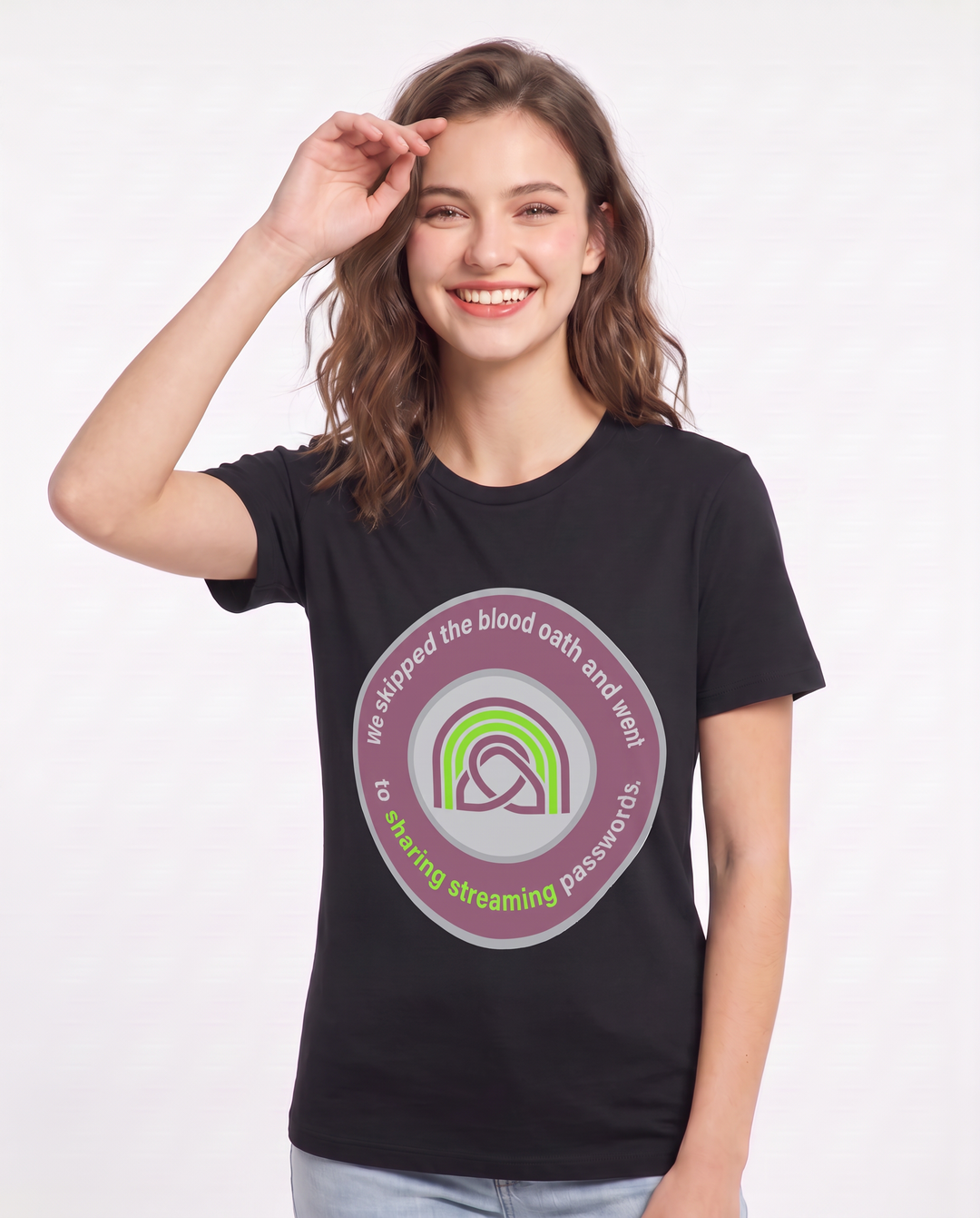 We skipped the blood oath and went straight to sharing streaming passwords. Women's Black T-Shirt product image 1