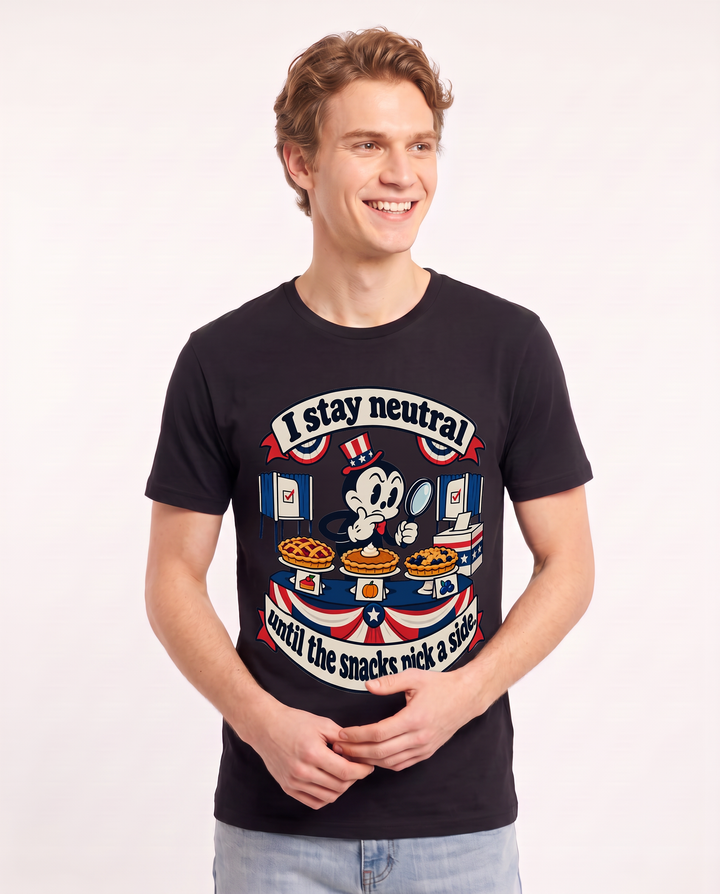 I stay neutral until the snacks pick a side. Men's Black T-Shirt product image 1