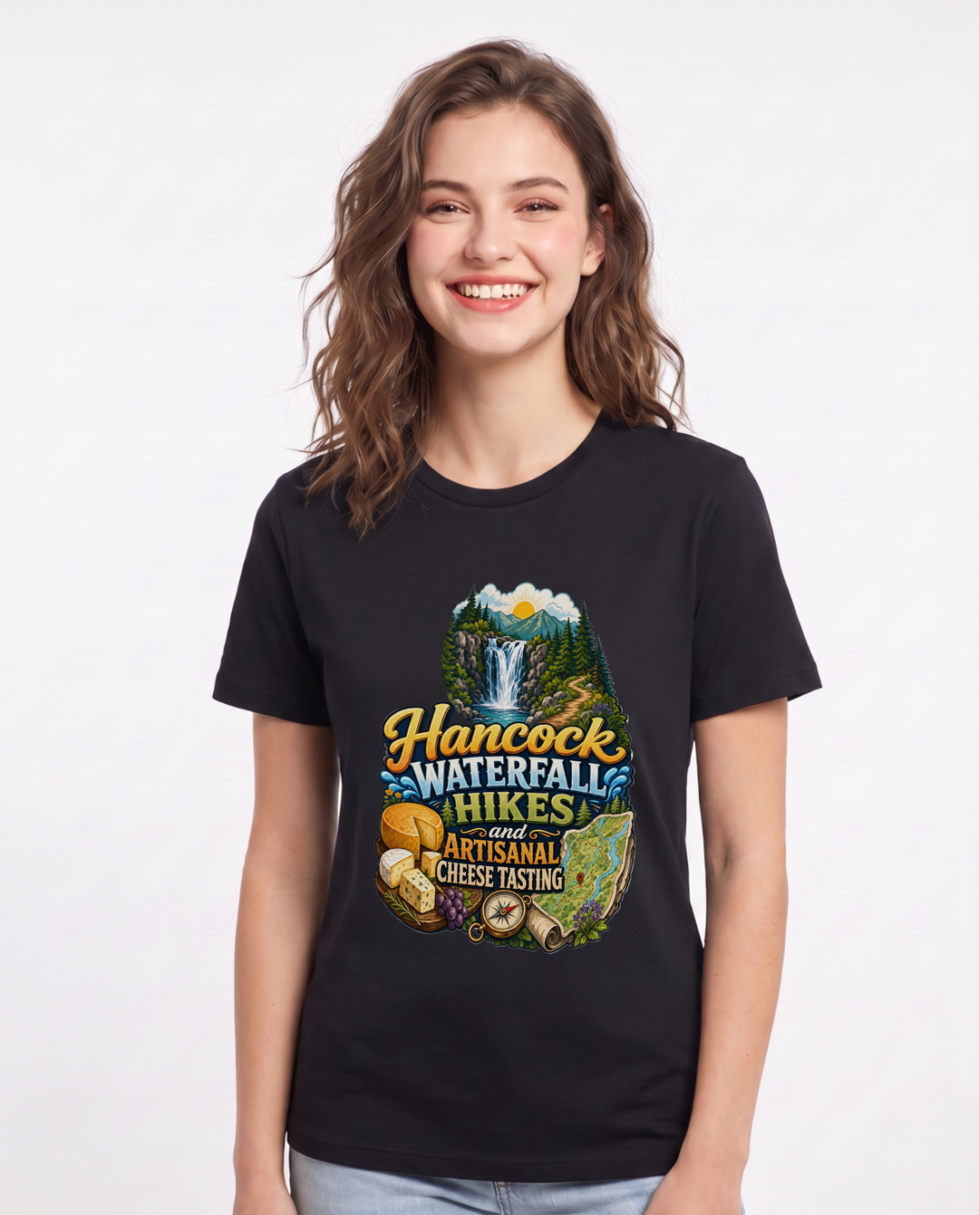 Hancock waterfall hikes and artisanal cheese tasting Women's Black T-Shirt product image 2