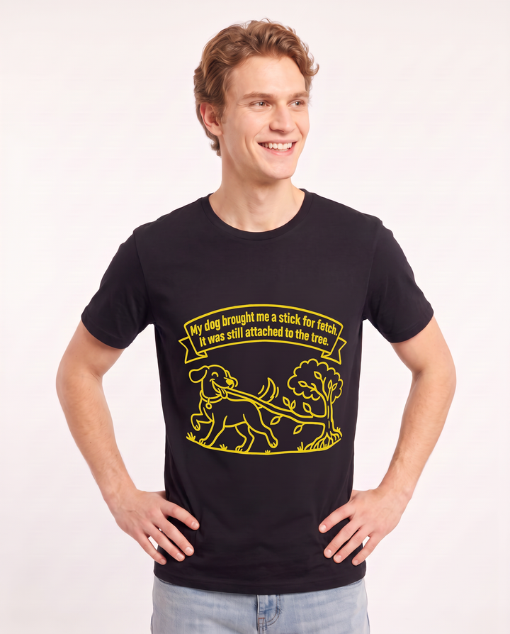 My dog brought me a stick for fetch. It was still attached to the tree. Men's Black T-Shirt product image 1