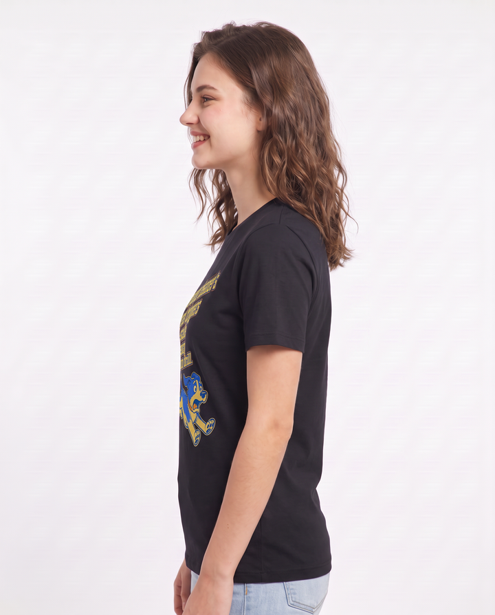 The vacuum cleaner's arrival triggers a full-scale emergency evacuation drill. Women's Black T-Shirt product image 3