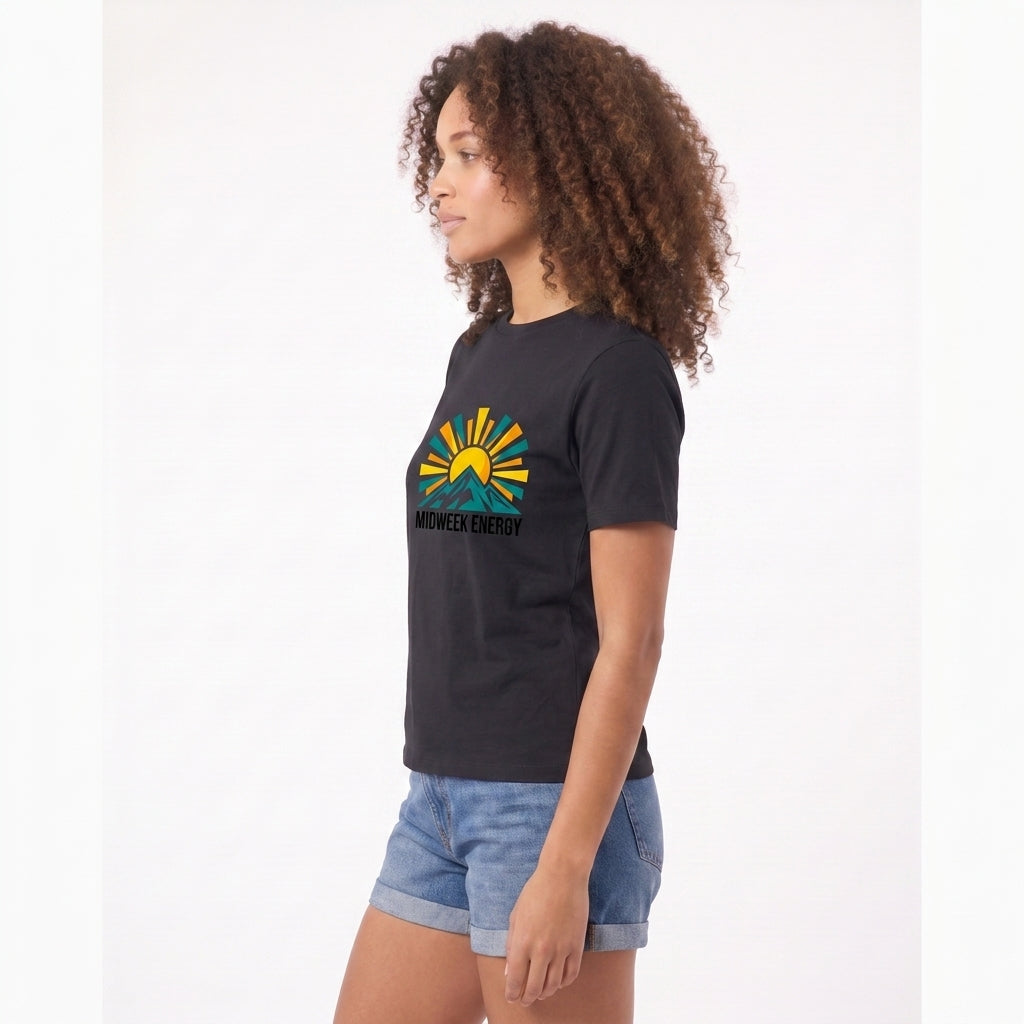 Bold Rising Sun Over Stylized Mountain Black T-Shirt mockup 1