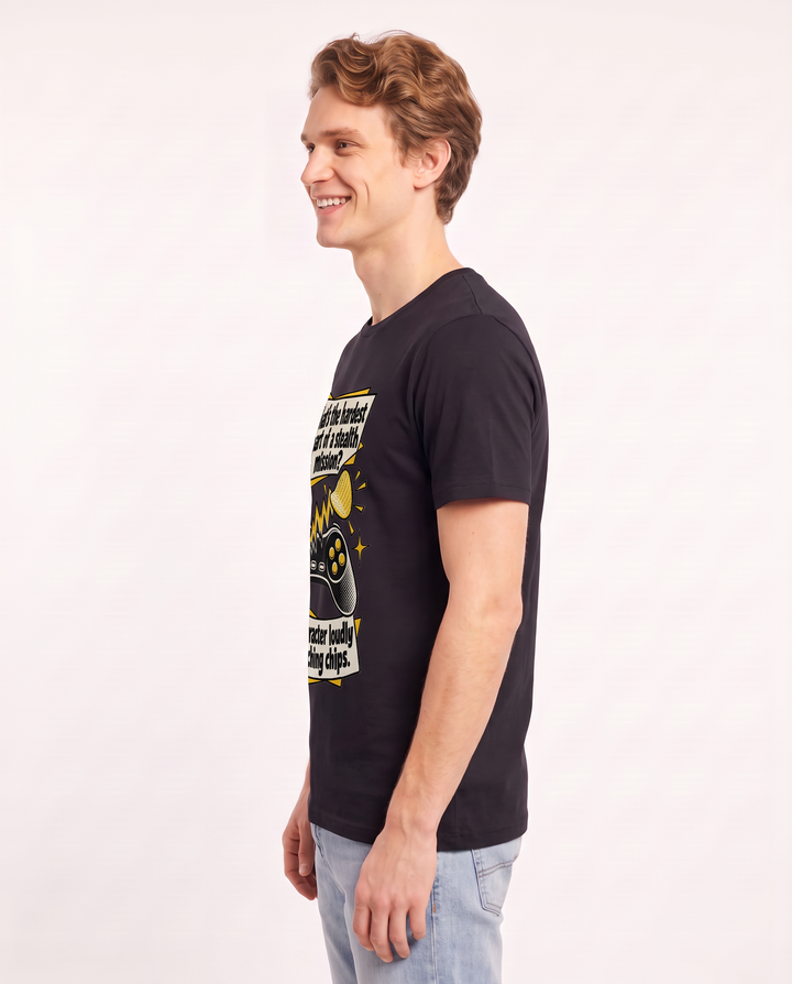 What's the hardest part of a stealth mission? My character loudly crunching chips. Men's Black T-Shirt product image 3