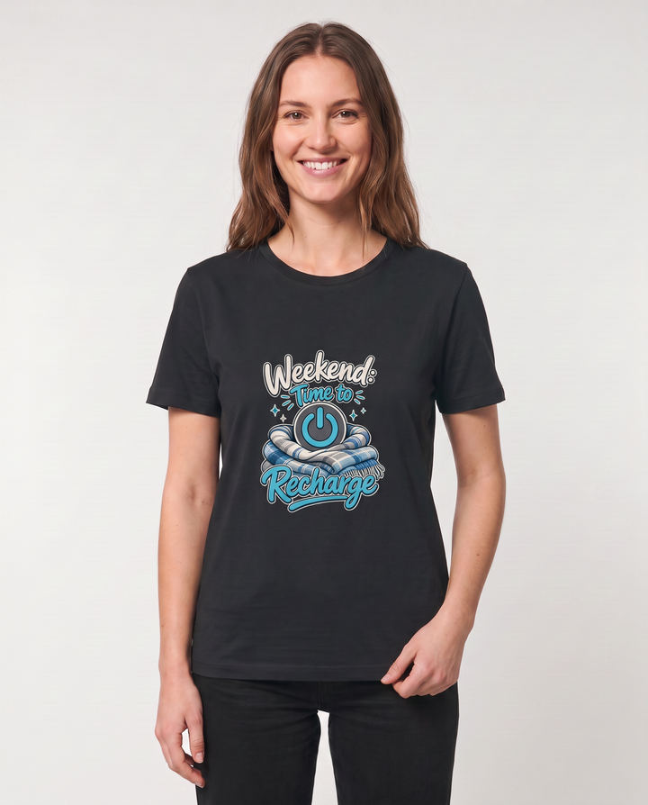 Weekend: Time To Recharge Black T-Shirt mockup 3