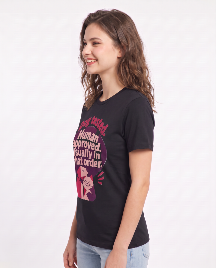 Graphic Women's Black T-Shirt - Dog tested. Human approved. Usually in product image 2