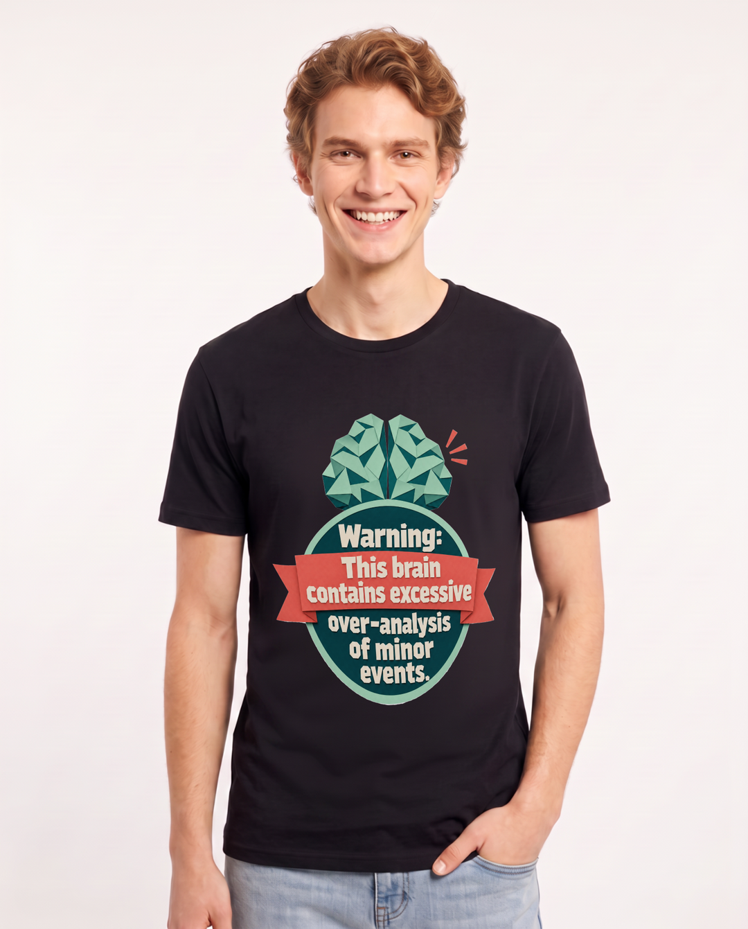 Graphic Men's Black T-Shirt - Warning: This brain contains excessive product image 1