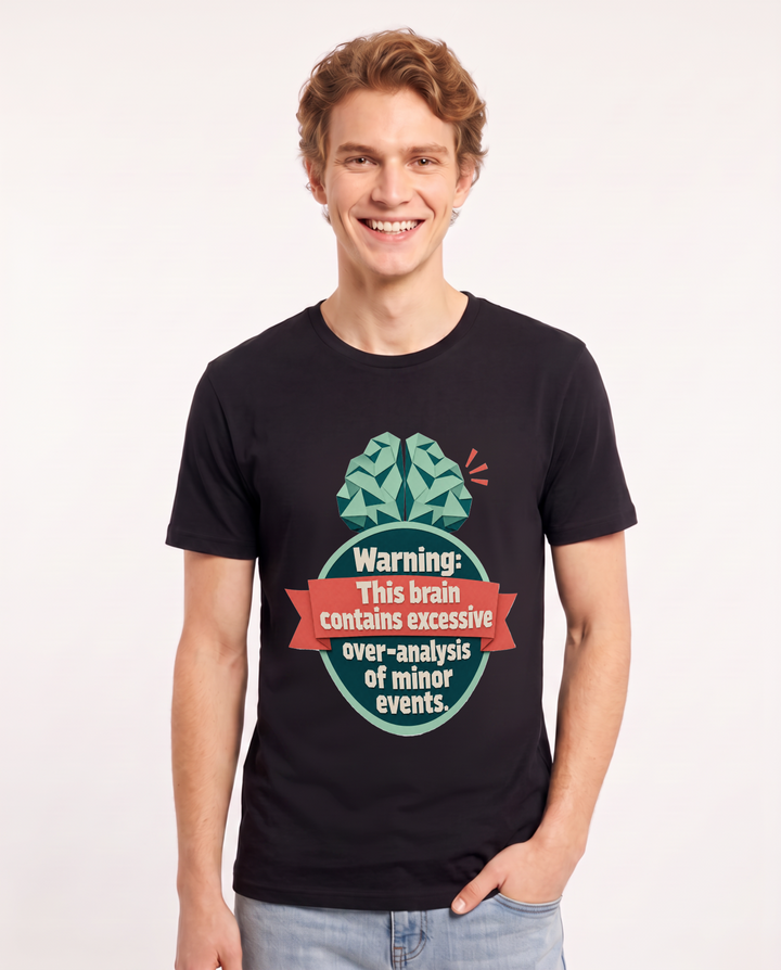Graphic Men's Black T-Shirt - Warning: This brain contains excessive product image 1