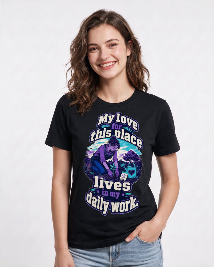 Patriotic Women's Black T-Shirt – My love for this place lives in my daily work. product image 3