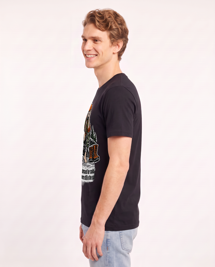 Woke at 4 AM, dressed for cold—realized my boots were still in the garage. Men's Black T-Shirt product image 3