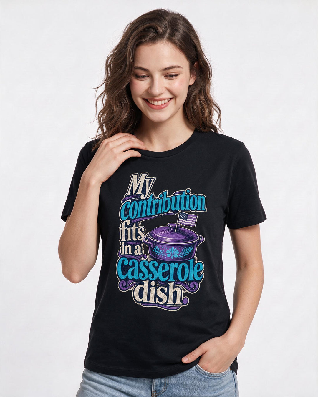 Patriotic Women's Black T-Shirt – My contribution fits in a casserole dish. product image 3