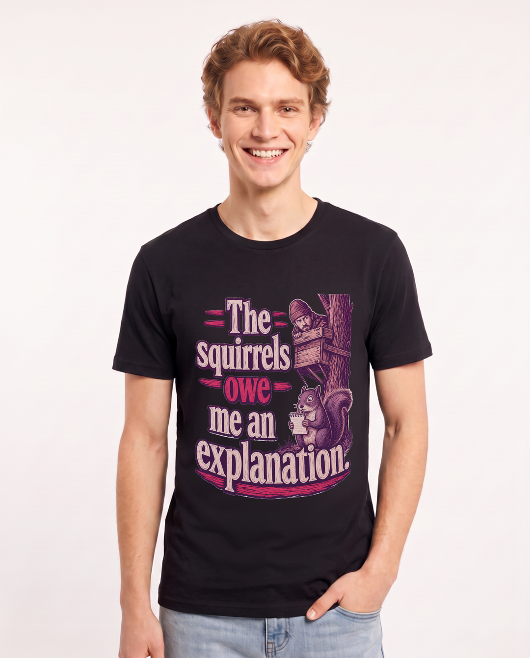 Hunting Men's Black T-Shirt – The squirrels owe me an explanation. product image 1