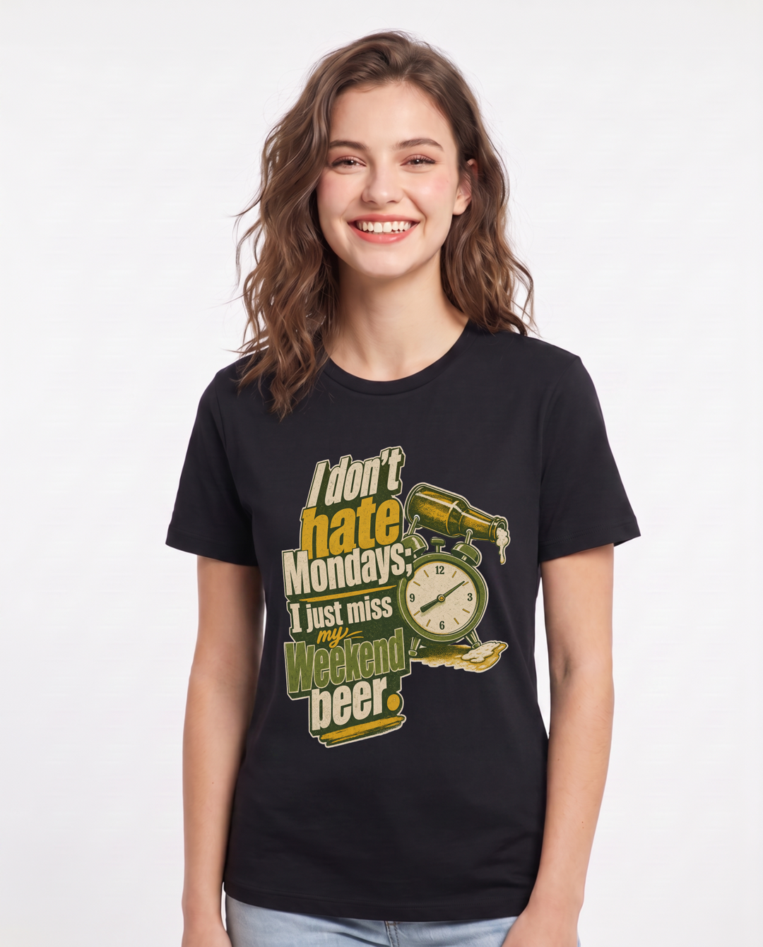 Funny Beer Women's Black T-Shirt – I don't hate Mondays; I just miss my weekend beer. product image 1