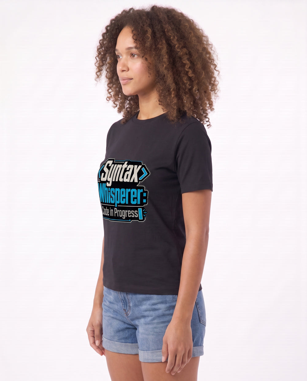 Syntax Whisperer: Code In Progress Black T-Shirt mockup 2