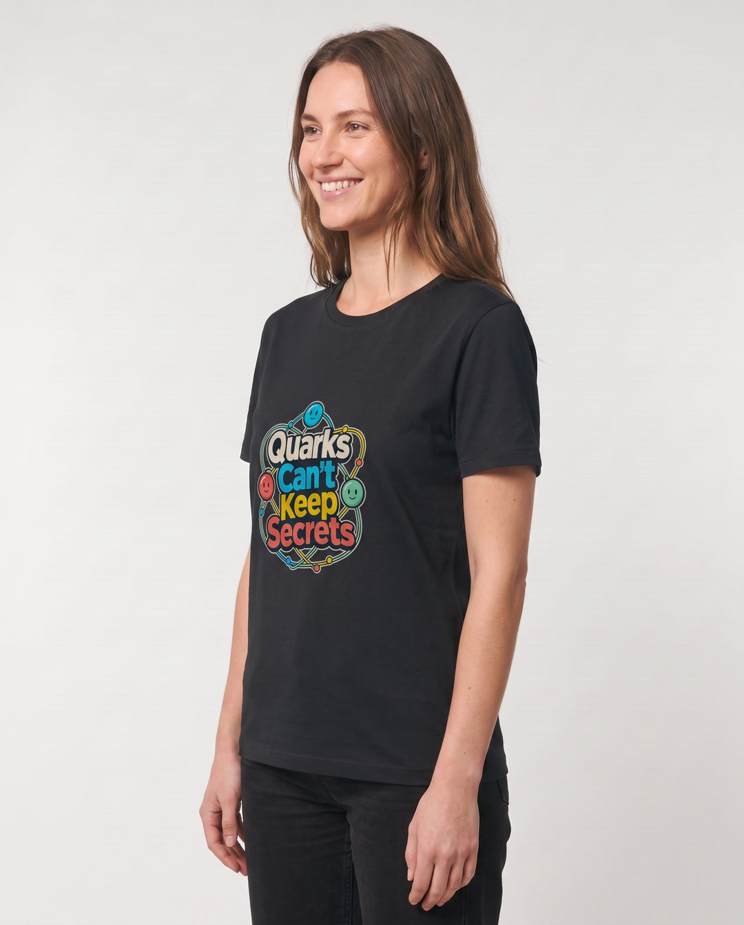 Quarks Can't Keep Secrets Black T-Shirt mockup 2