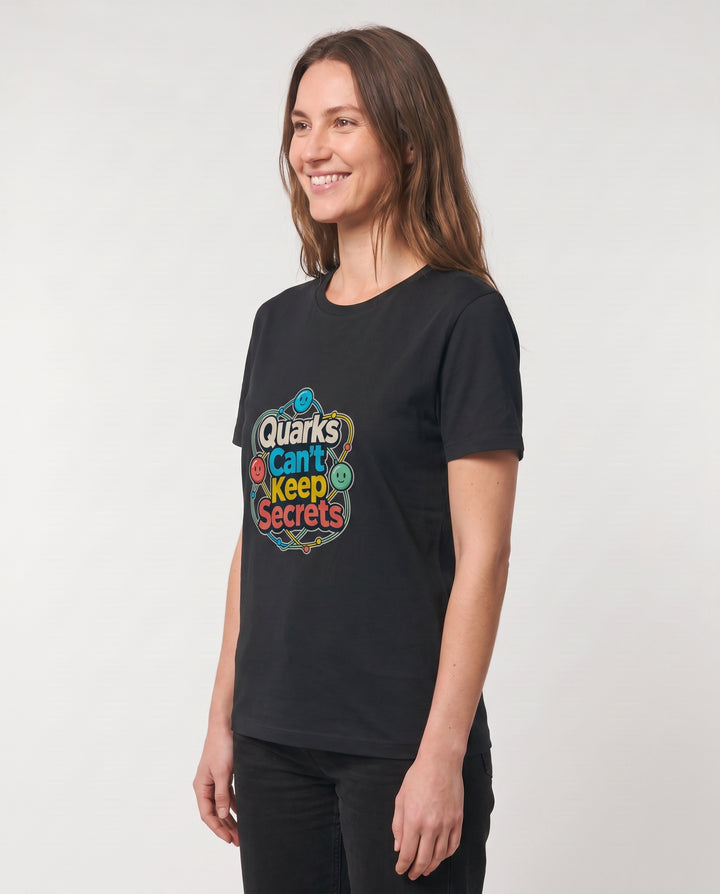 Quarks Can't Keep Secrets Black T-Shirt mockup 2