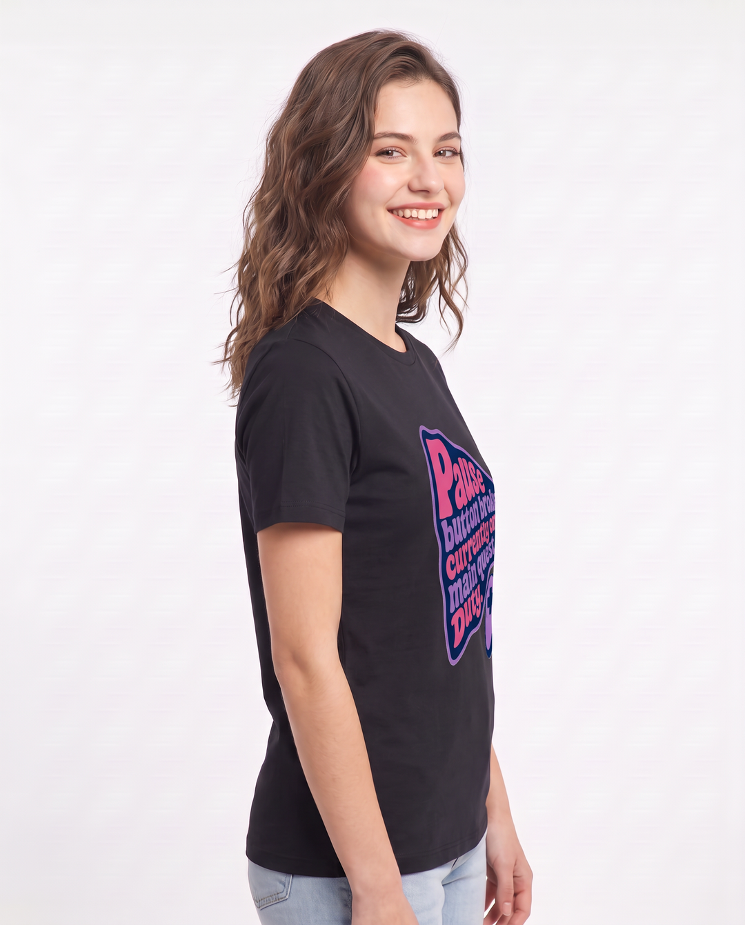 Gaming Women's Black T-Shirt - Pause button broken, currently on main product image 2