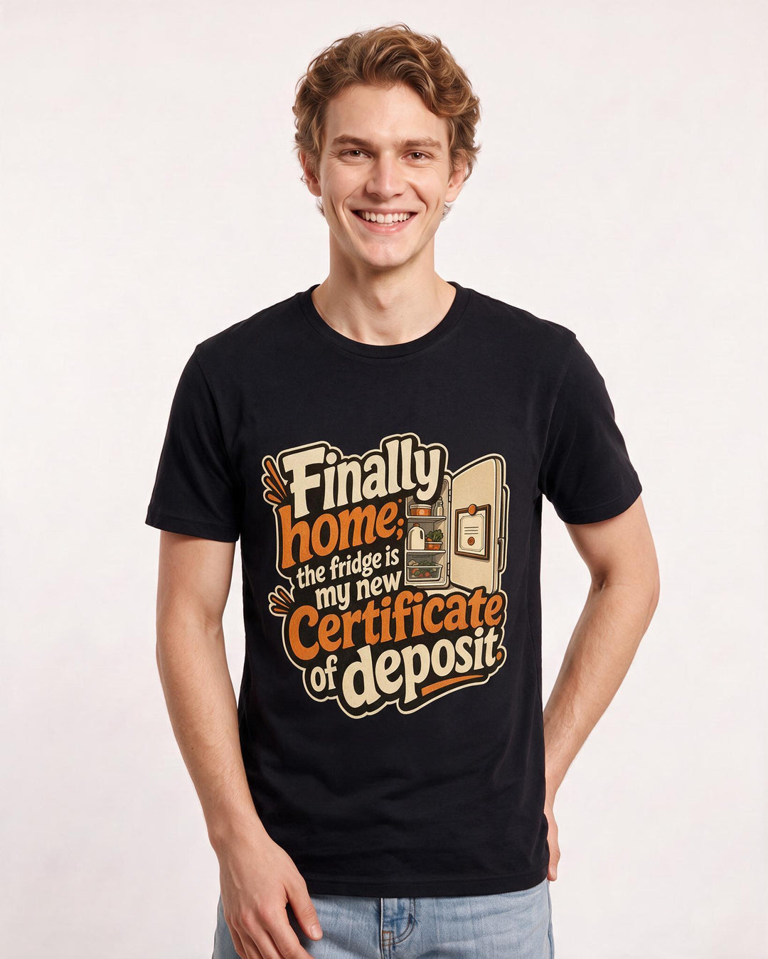 Funny Graduation Men's Black T-Shirt – Finally home; the fridge is my new certificate of deposit. product image 3