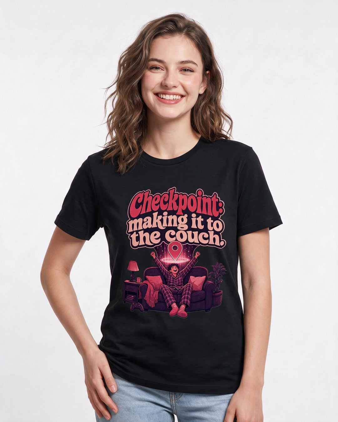 Gaming Women's Black T-Shirt – Checkpoint: making it to the couch. product image 3