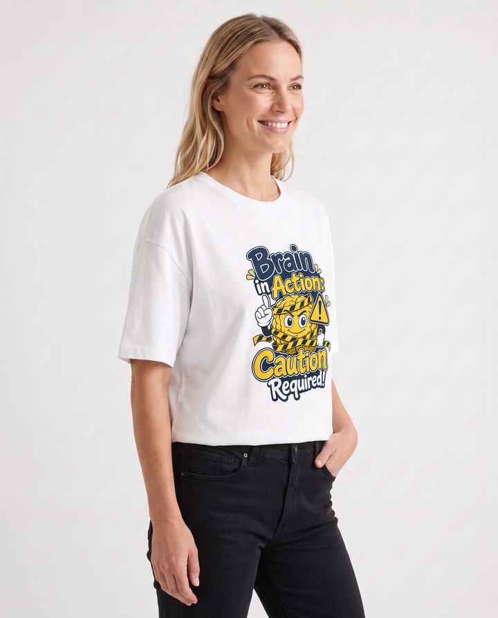 Brain In Action: Caution Required! White T-Shirt mockup 3