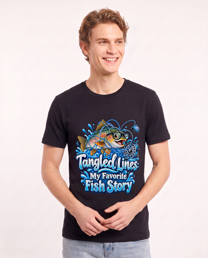 Tangled Lines: My Favorite Fish Story Men's Black T-Shirt product image 1
